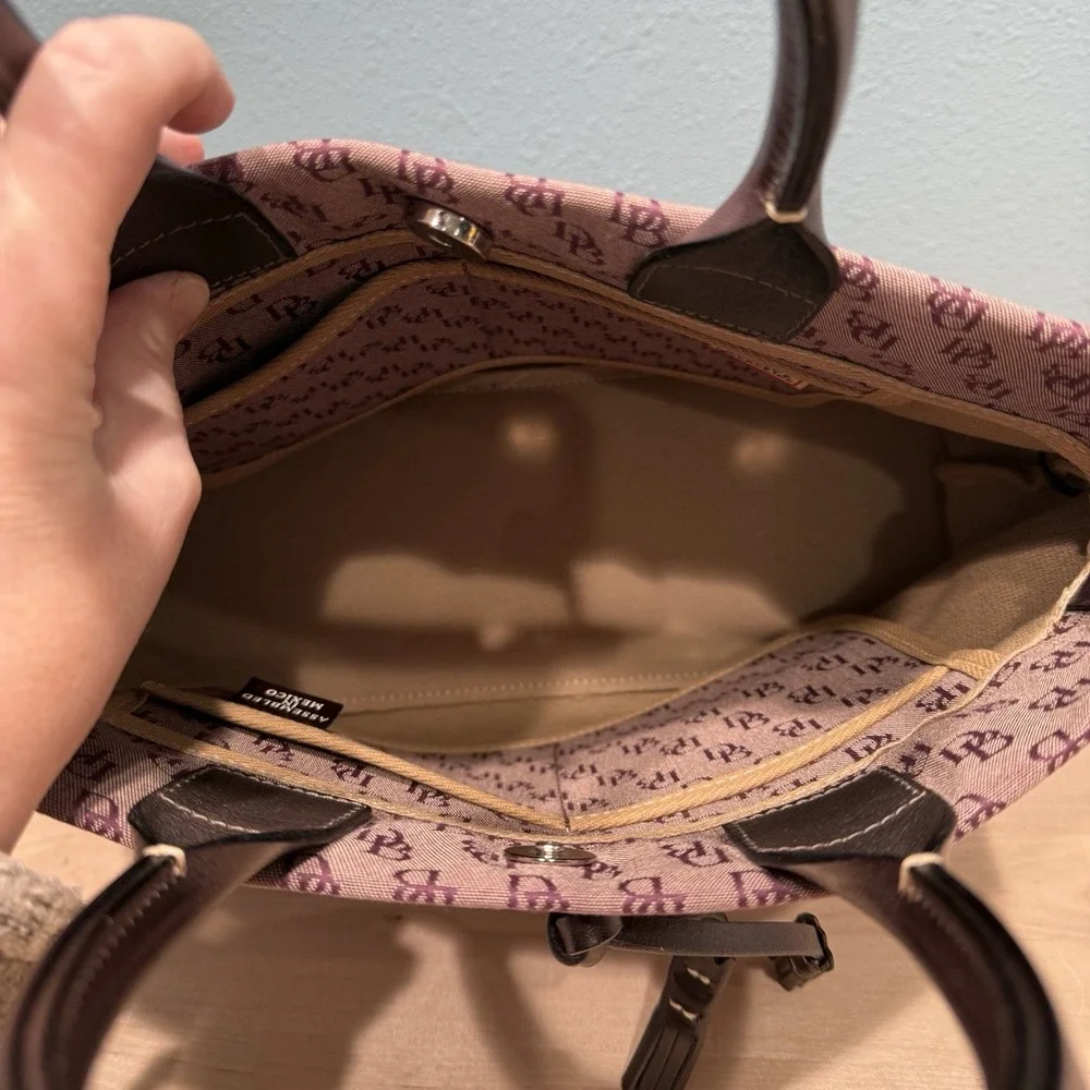 Dooney & Bourke Signature Canvas Satchel Logo Bag Double Leather Handles Tassels